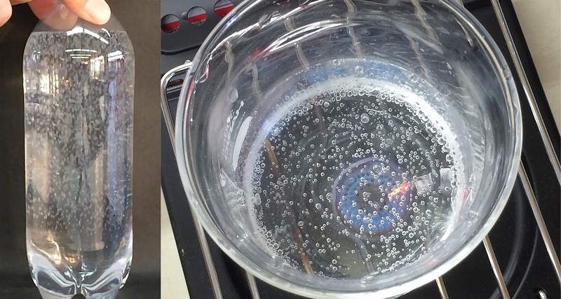 左：炭酸水を開封した瞬間　右：温めたら出てきた二酸化炭素